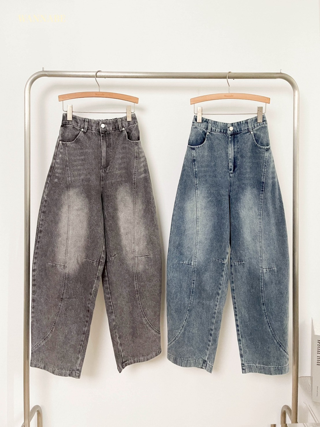 G6087-復古刷色弧線剪裁牛仔寬褲