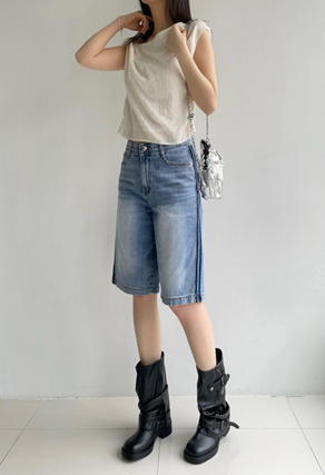 YI002 HOWLUK #3077 兩邊深色線5分牛仔褲 牛仔色