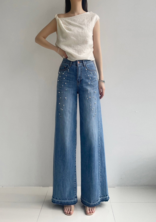 YI001 HOWLUK #3014 釘珠闊腳牛仔褲 牛仔色