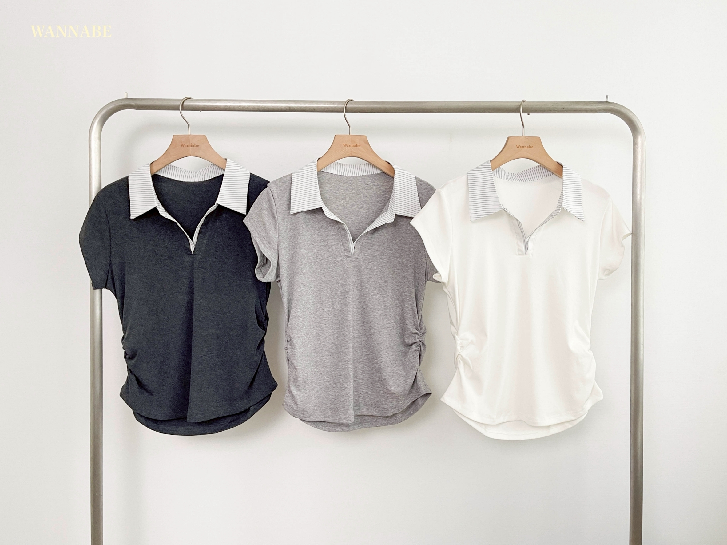 G6092-撞色條紋翻領抓皺上衣