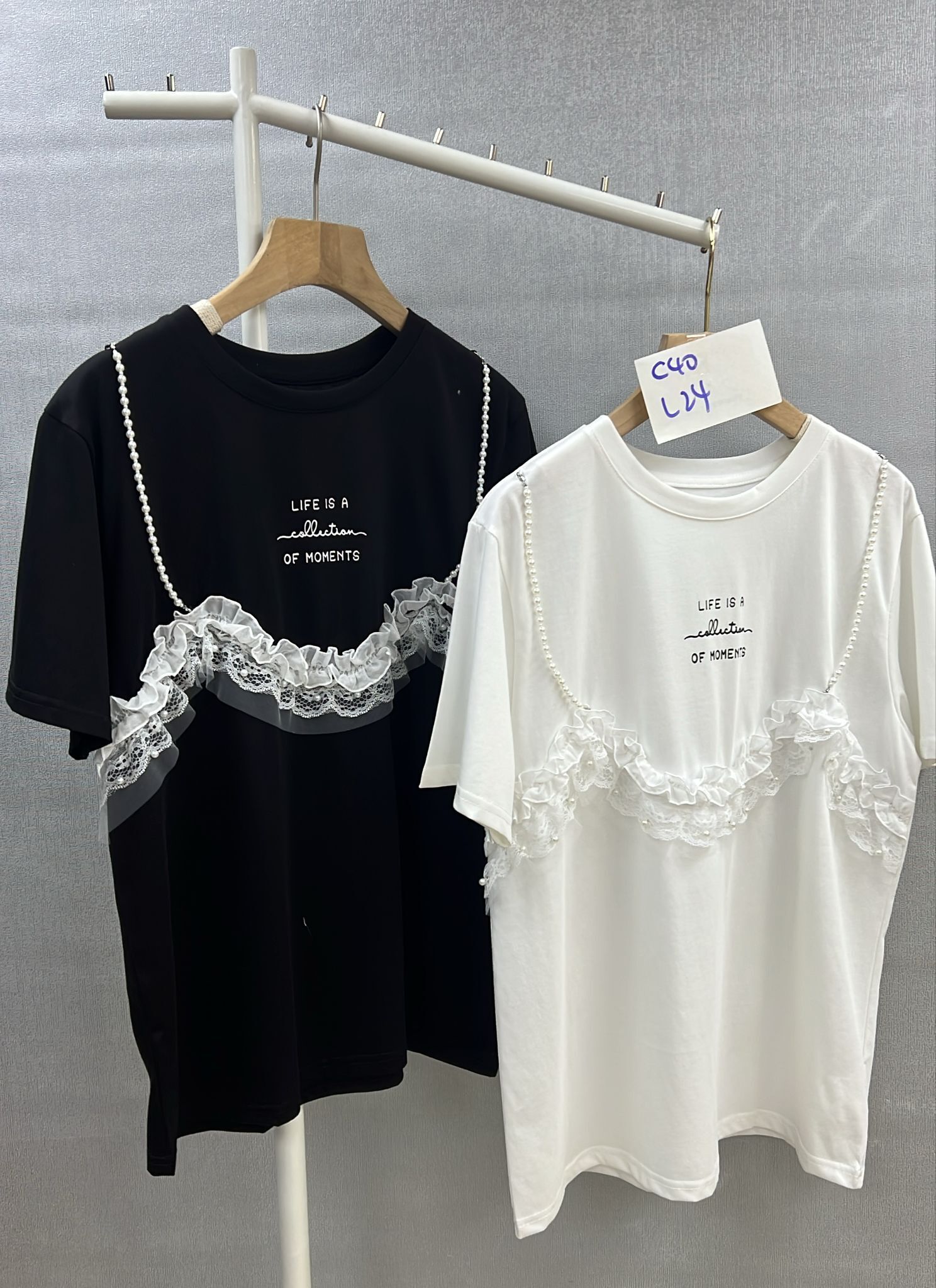 CF9810 字母珍珠TEE假兩件 胸40  長24