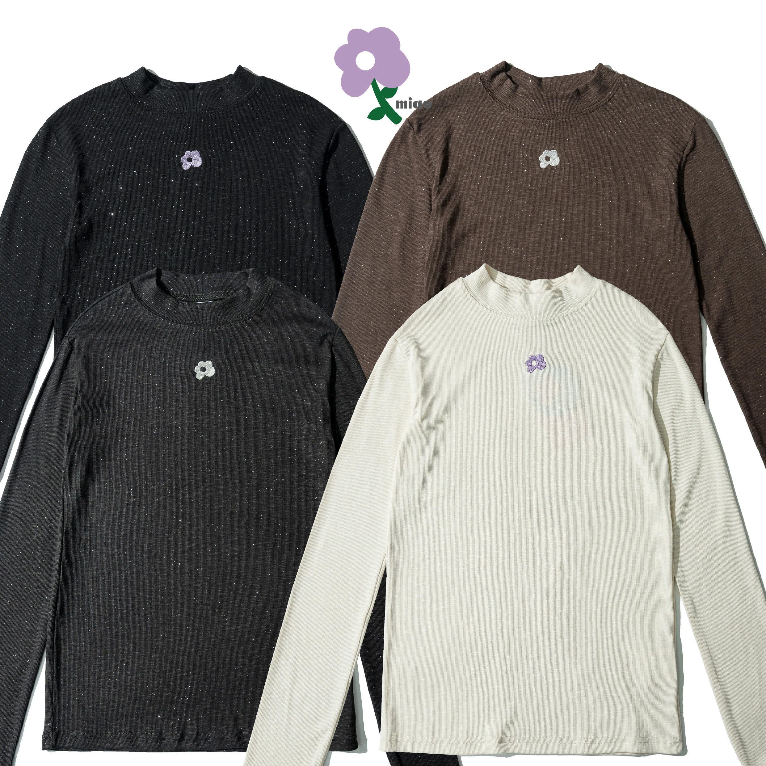 AGILITY MIAO Flowers Embroidery Top 銀粉 刺繡小花 長袖上衣 [M-T2]