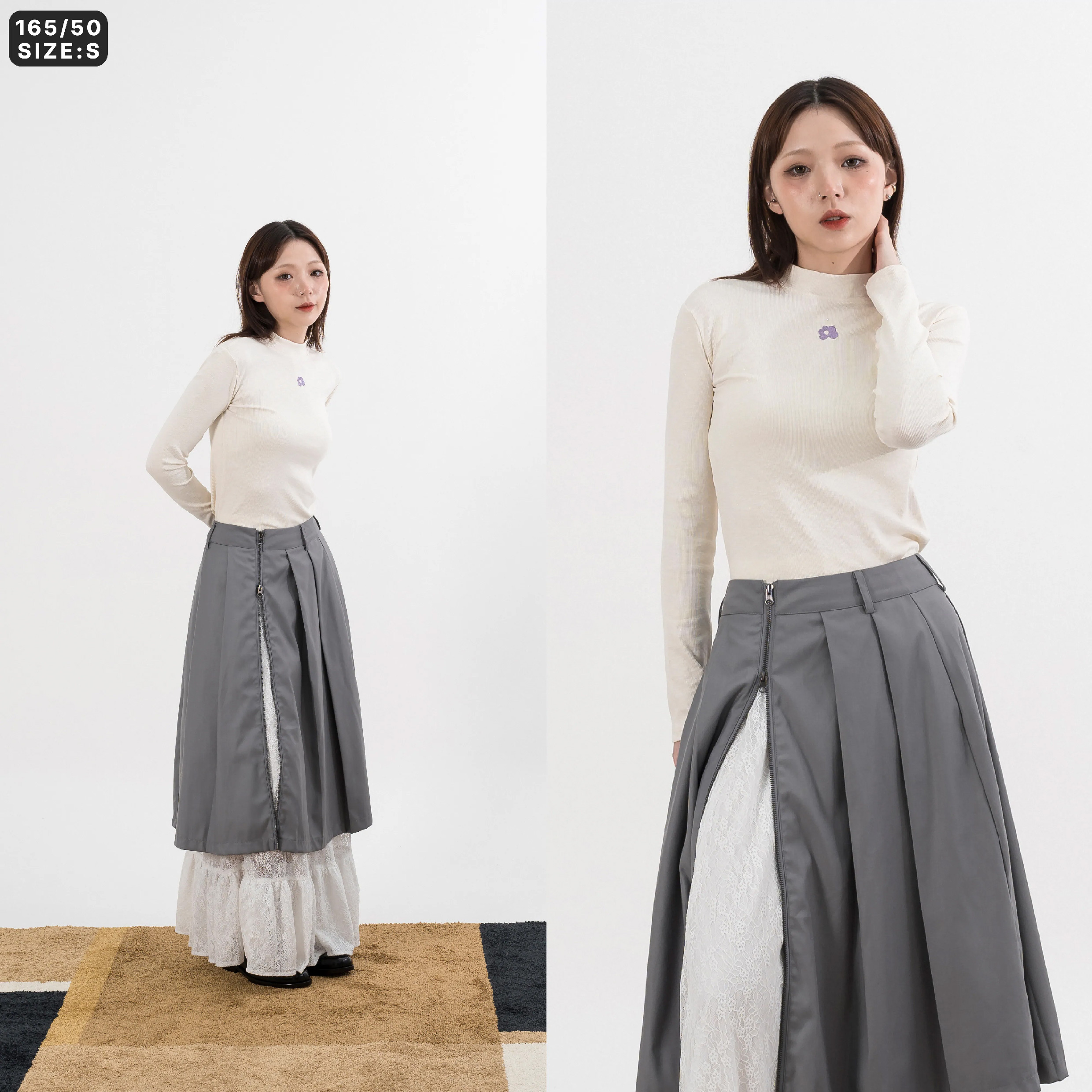 AGILITY MIAO Flowers Embroidery Top 銀粉 刺繡小花 長袖上衣 [M-T2]