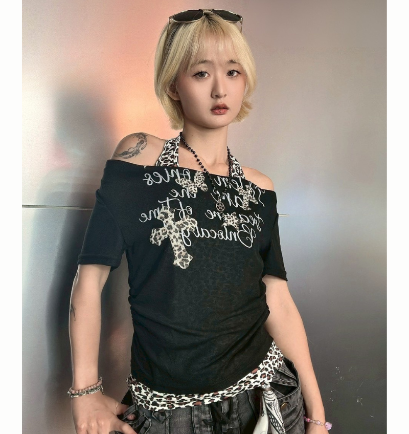 豹紋掛脖短T