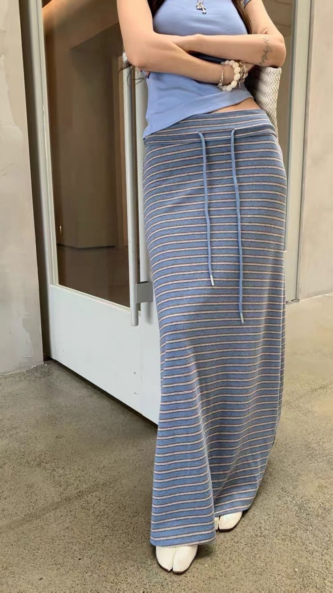 G6084-休閒抽繩條紋長裙
