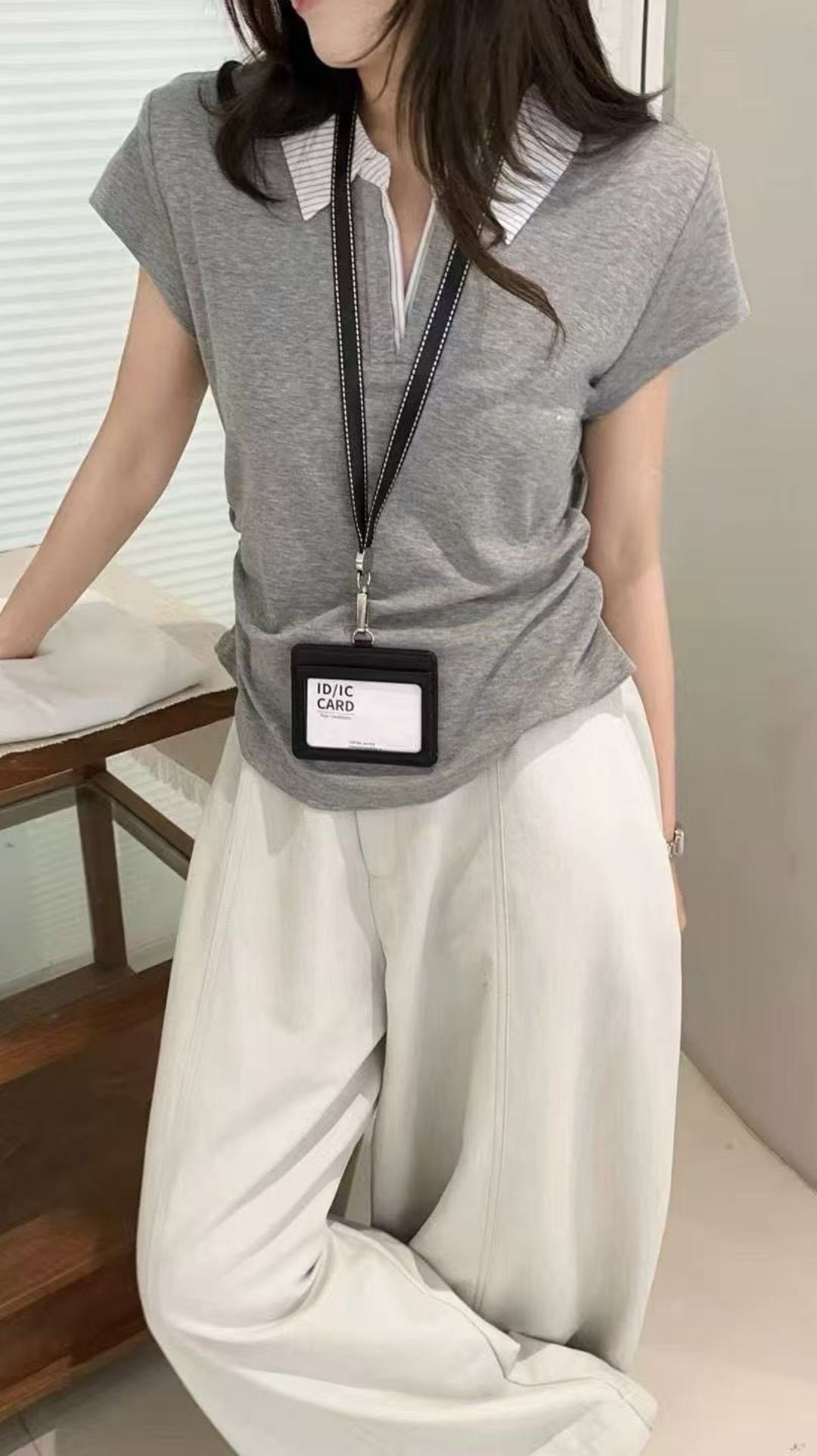 G6092-撞色條紋翻領抓皺上衣