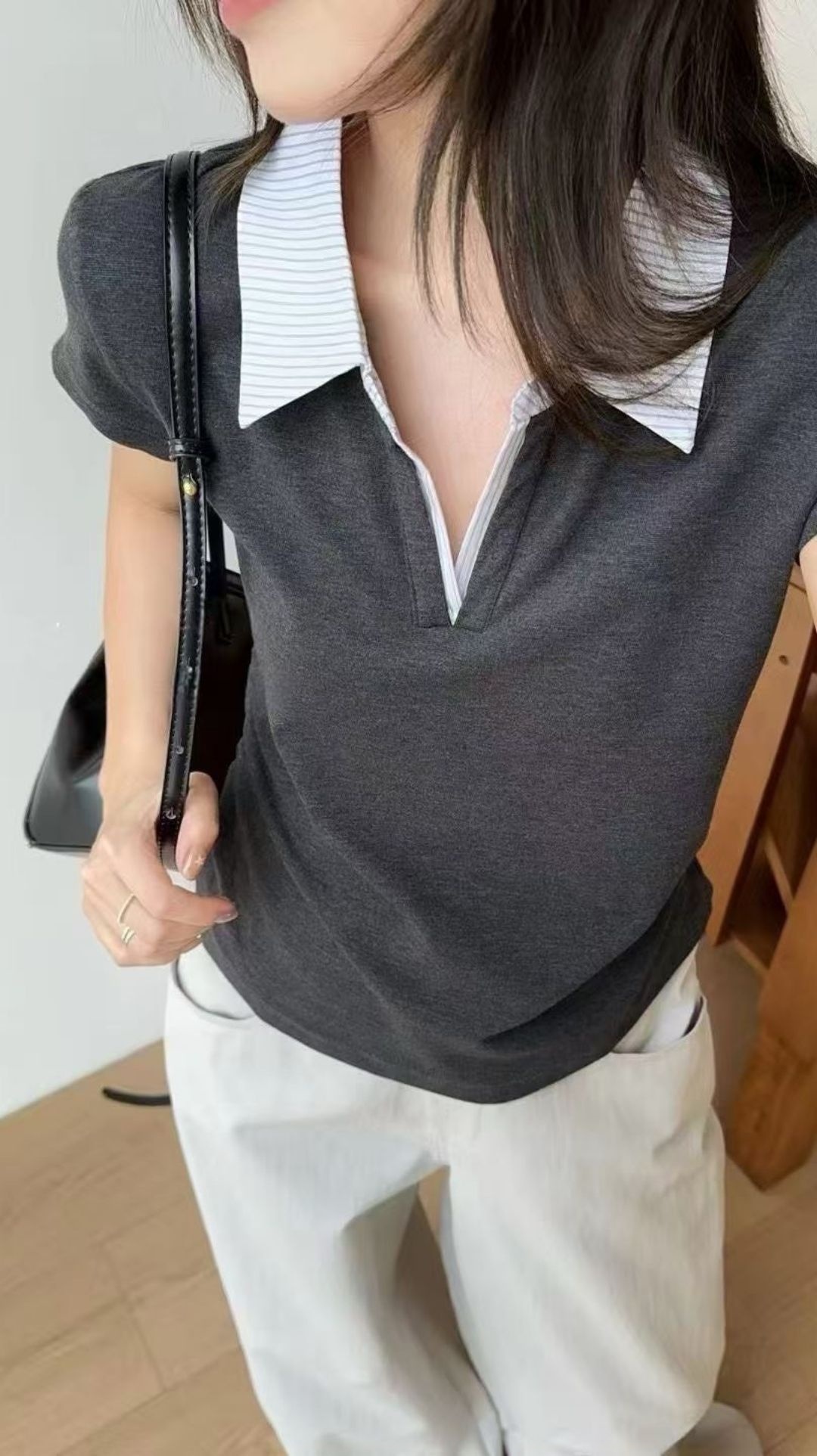 G6092-撞色條紋翻領抓皺上衣