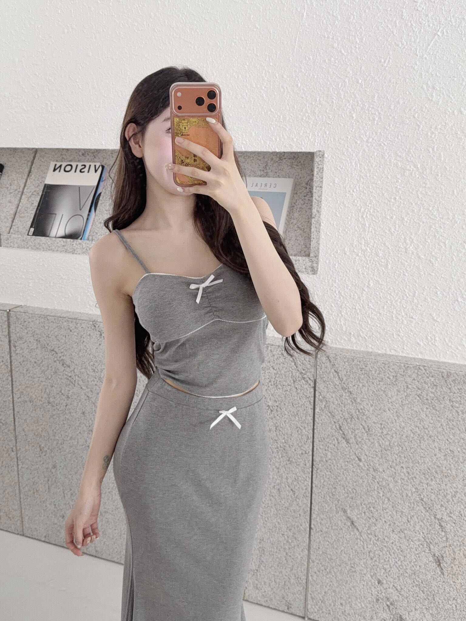 甜欲小眾蝴蝶結吊肩背心長裙套裝💜