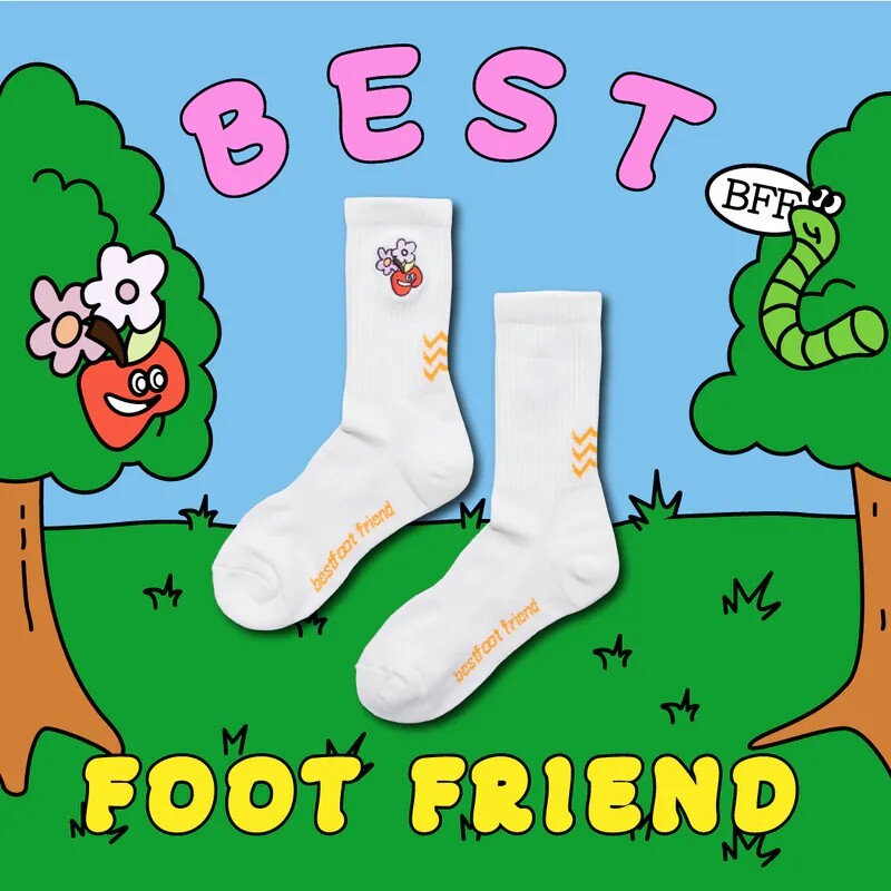 Best Foot Friend BFF 蘋果與蟲 長襪 襪子 白色