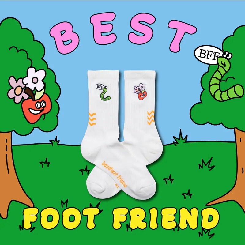 Best Foot Friend BFF 蘋果與蟲 長襪 襪子 白色