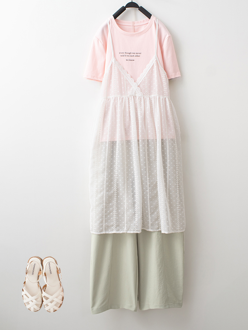 透視蕾絲背心涼感棉印花短袖壓線繭型寬褲組合