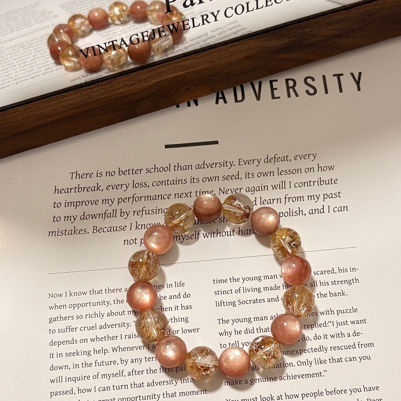 【金粉薔薇】粉鋰雲母x金箔錦鯉膠花水晶手鍊