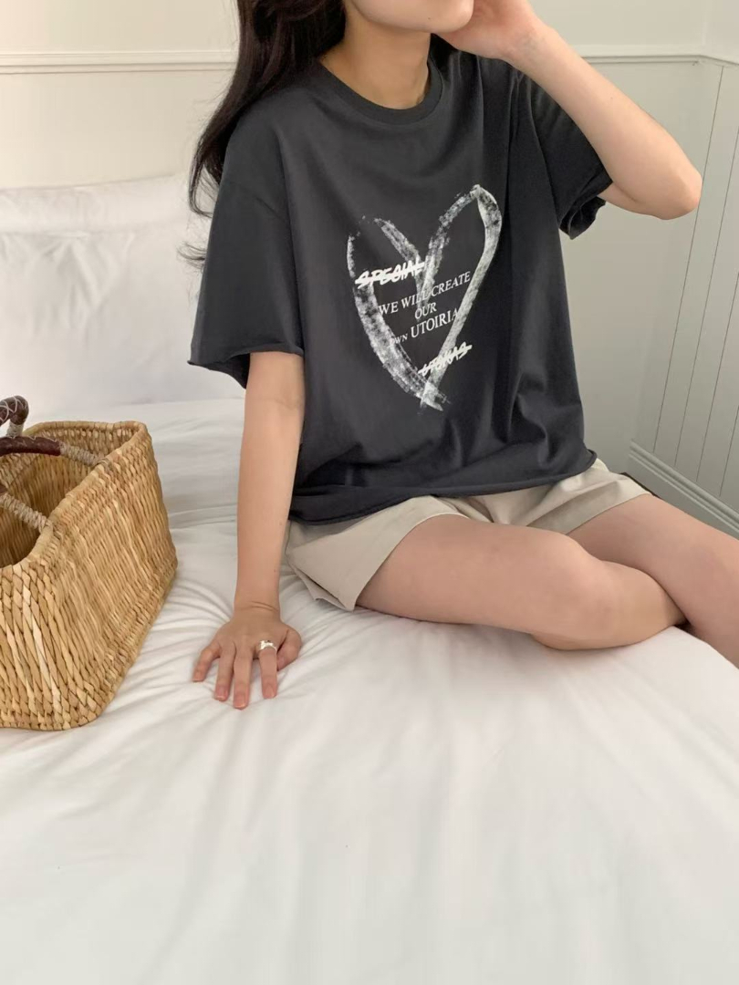 文青休閒穿搭系列★韓系個性刷色愛心棉T