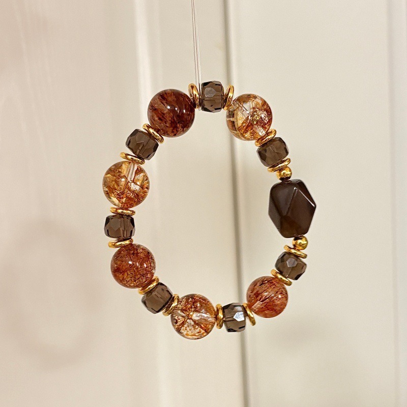 【焦糖拿鐵】黑金超七x金箔膠花x冰曜石原創設計水晶手鍊