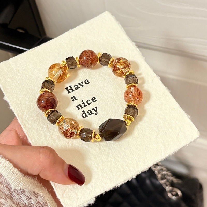 【焦糖拿鐵】黑金超七x金箔膠花x冰曜石原創設計水晶手鍊