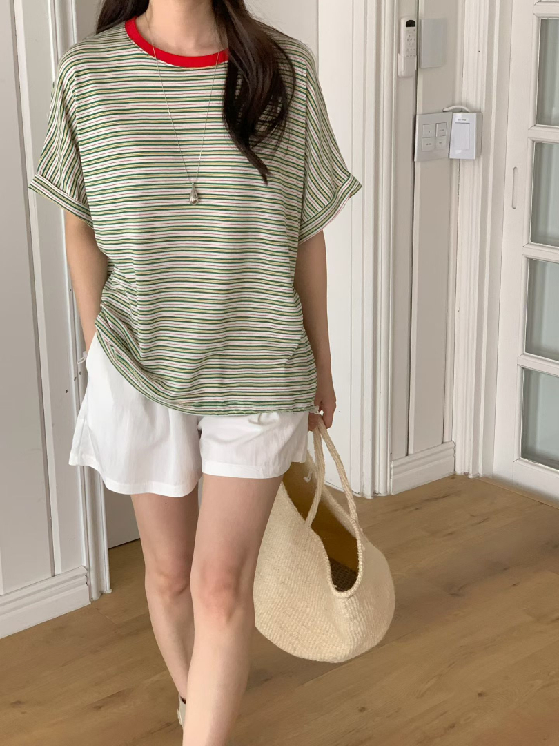 顯瘦微寬鬆短袖系列★韓系撞色條紋抽繩棉T