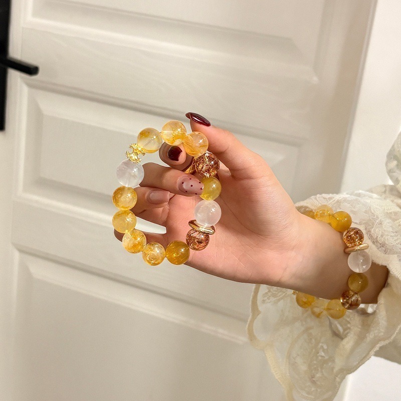 【金韻流光】招財黃膠花x金箔膠花x金鋰雲母x白幽靈水晶手鍊