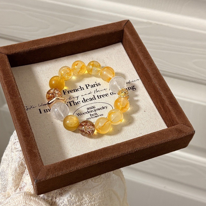 【金韻流光】招財黃膠花x金箔膠花x金鋰雲母x白幽靈水晶手鍊