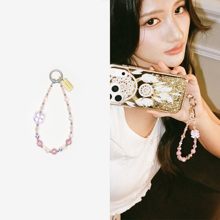 桃花粉晶幸運草 串珠手腕繩 短掛繩  串珠掛繩 手機掛繩