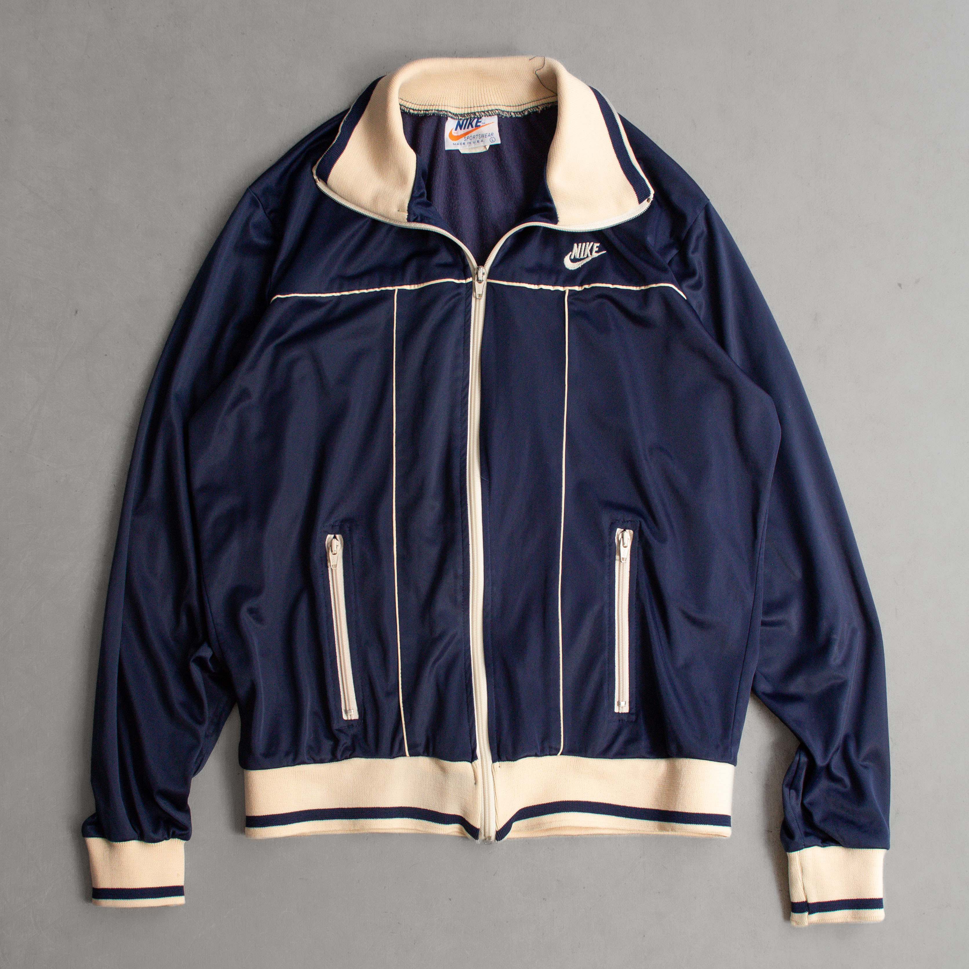 70S NIKE TRACK JACKET 美國製 深藍 緞面 滾邊 高領 運動外套