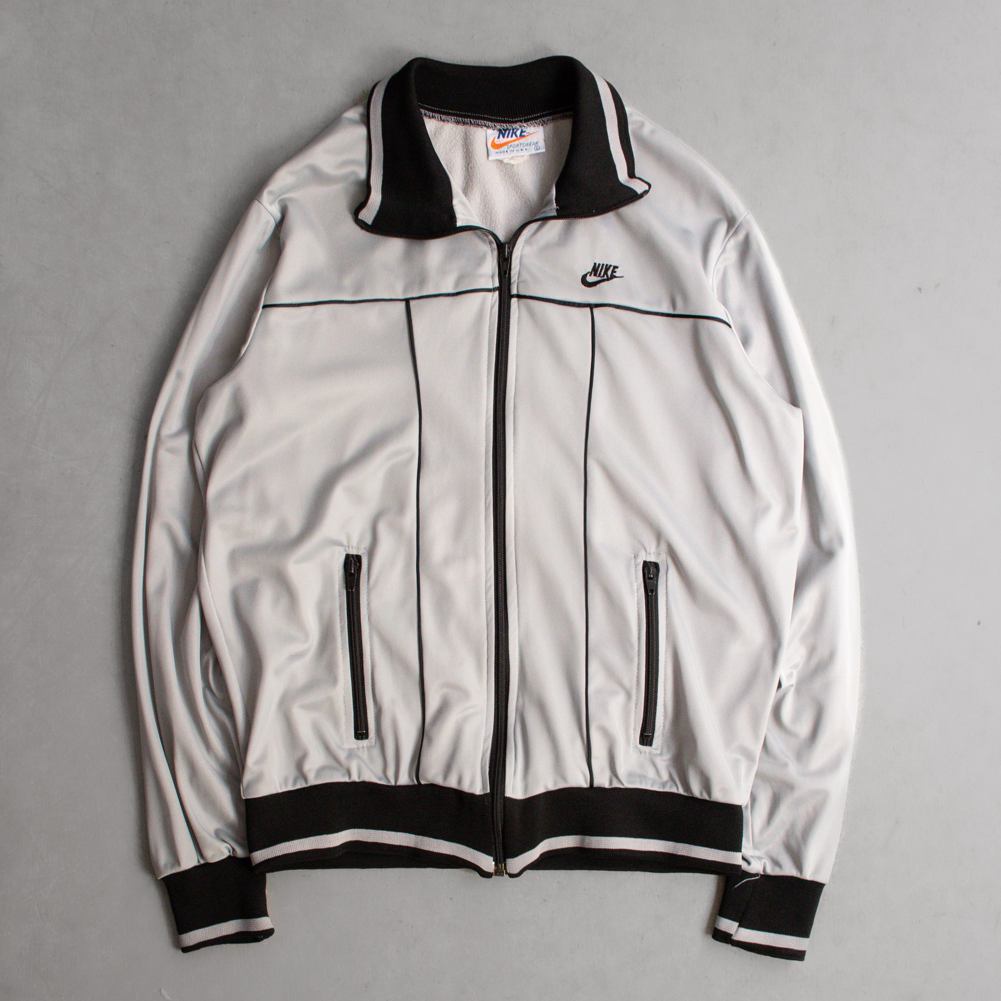 70S NIKE TRACK JACKET 美國製 灰色 緞面 滾邊 高領 運動外套