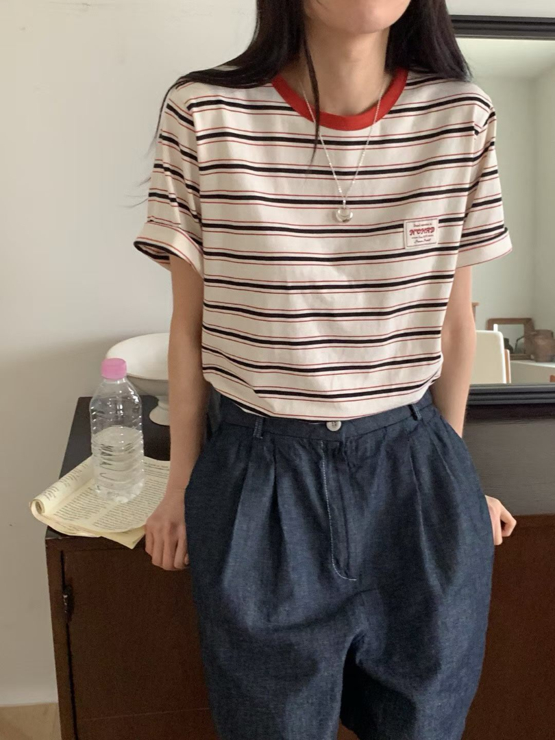 撞色細條紋系列★韓系減齡條紋上衣