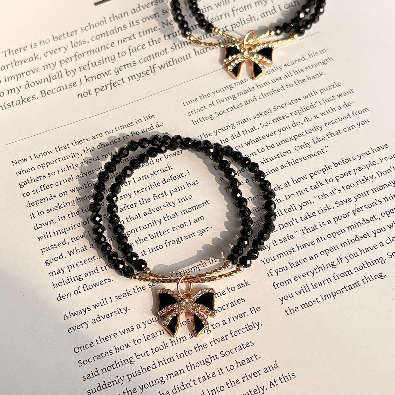 【黑蝴蝶】寶石刻面黑尖晶雙圈蝴蝶結氣質水晶手鍊