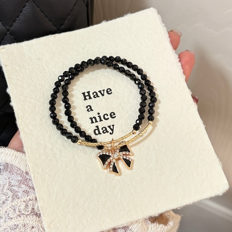 【黑蝴蝶】寶石刻面黑尖晶雙圈蝴蝶結氣質水晶手鍊