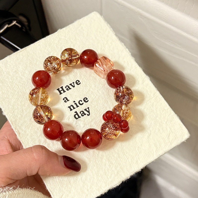 【炙焰】紅瑪瑙x金箔膠花x黑金超七水晶手鍊