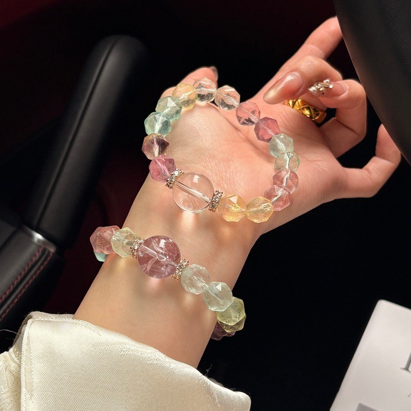 【七彩紅】彩色螢石寶石刻面-紫阿賽/白水晶