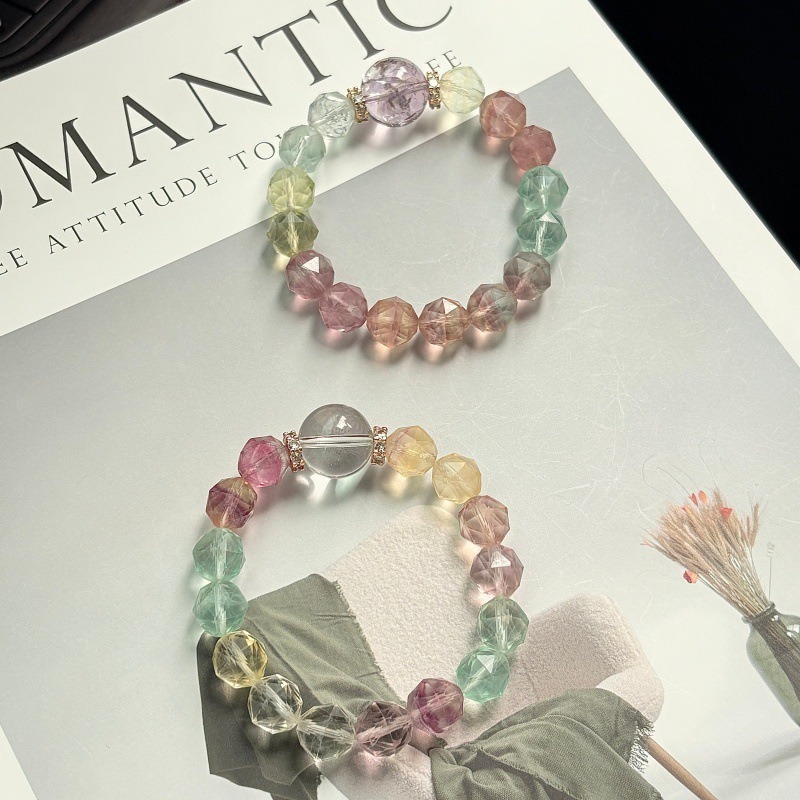 【七彩紅】彩色螢石寶石刻面-紫阿賽/白水晶