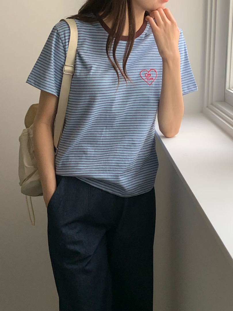 韓系顯瘦條紋系列★質感刺繡橫條紋棉T