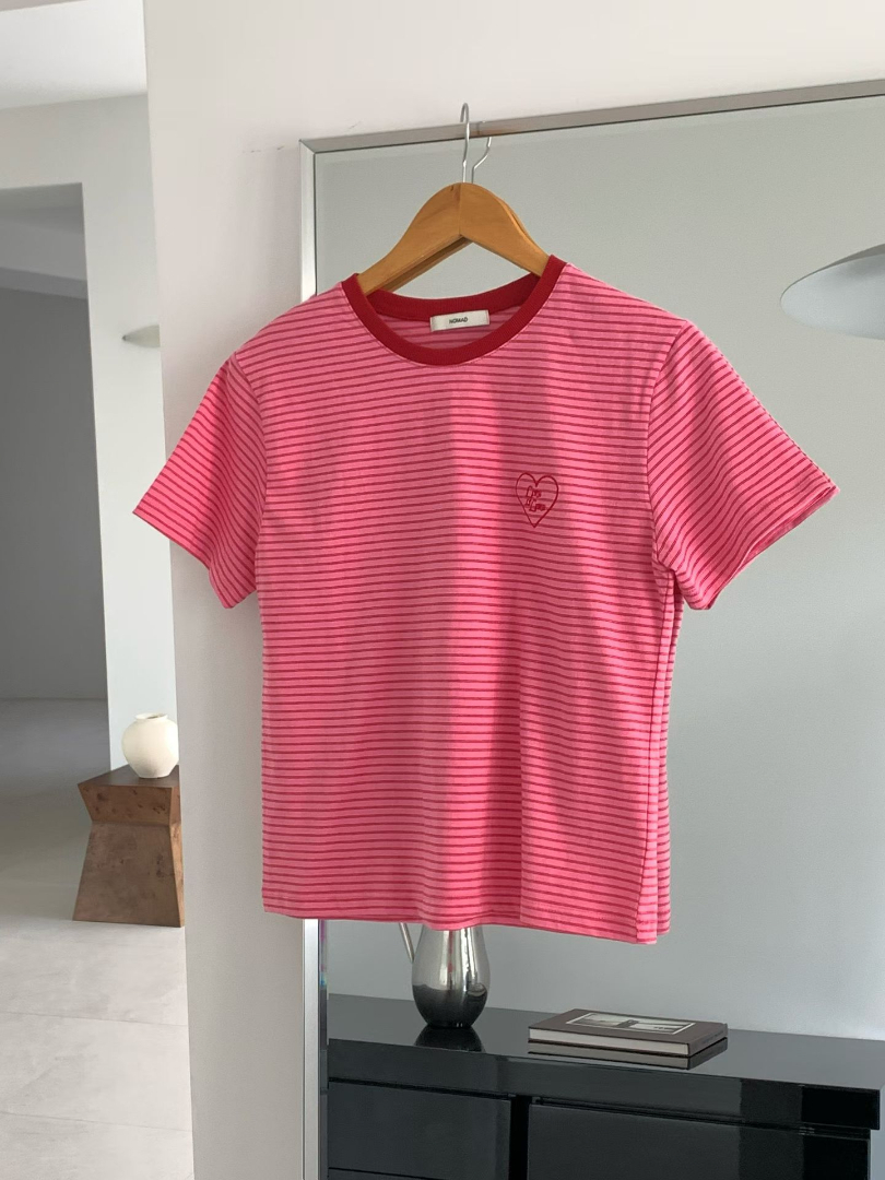 韓系顯瘦條紋系列★質感刺繡橫條紋棉T