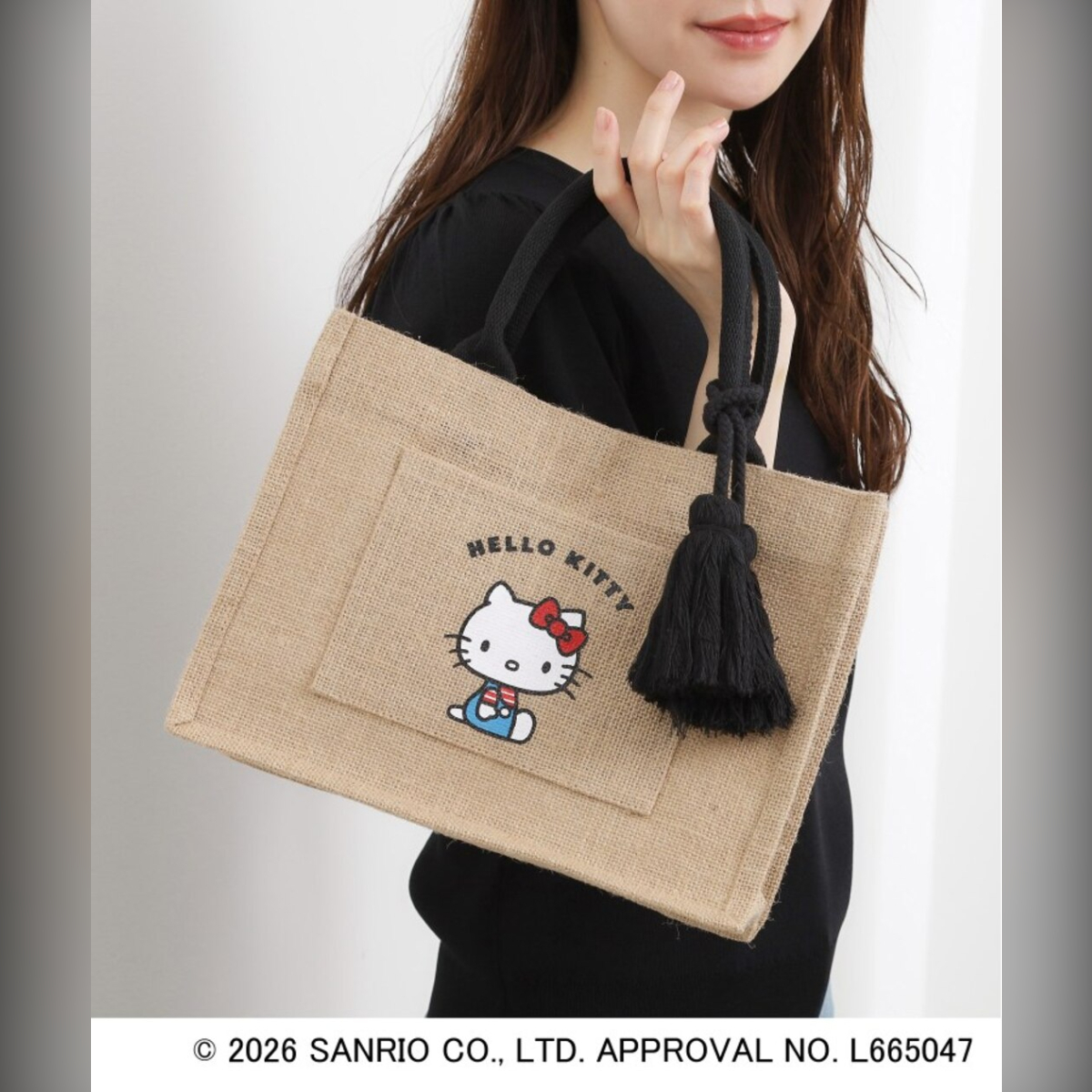 26083-KT Sanrio Hello Kitty x Grove 聯乘手提黃麻袋 橫坐款 #JP-GV26