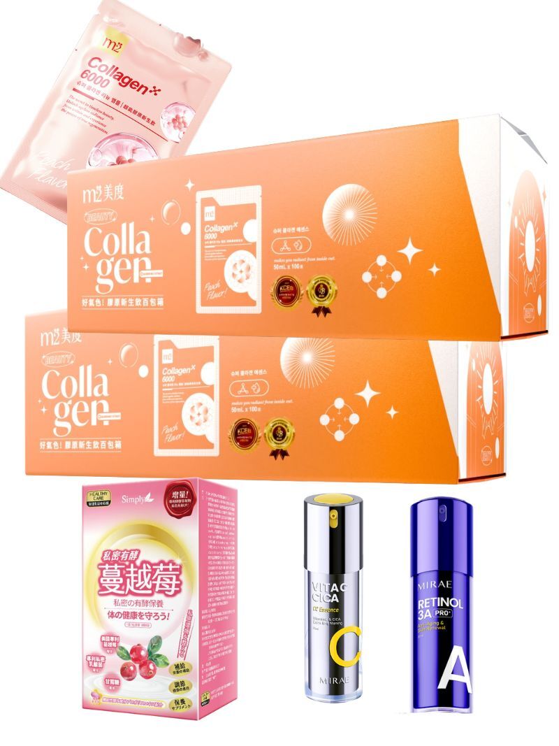 標單3-超能膠原新生飲(100入/箱)*2+超級3A煥膚緊緻精華(30ml)*1+PRO+超級雙C美白淡斑精華(30ml)*1+私密有效蔓越莓C錠PLUS(30入/盒)*1