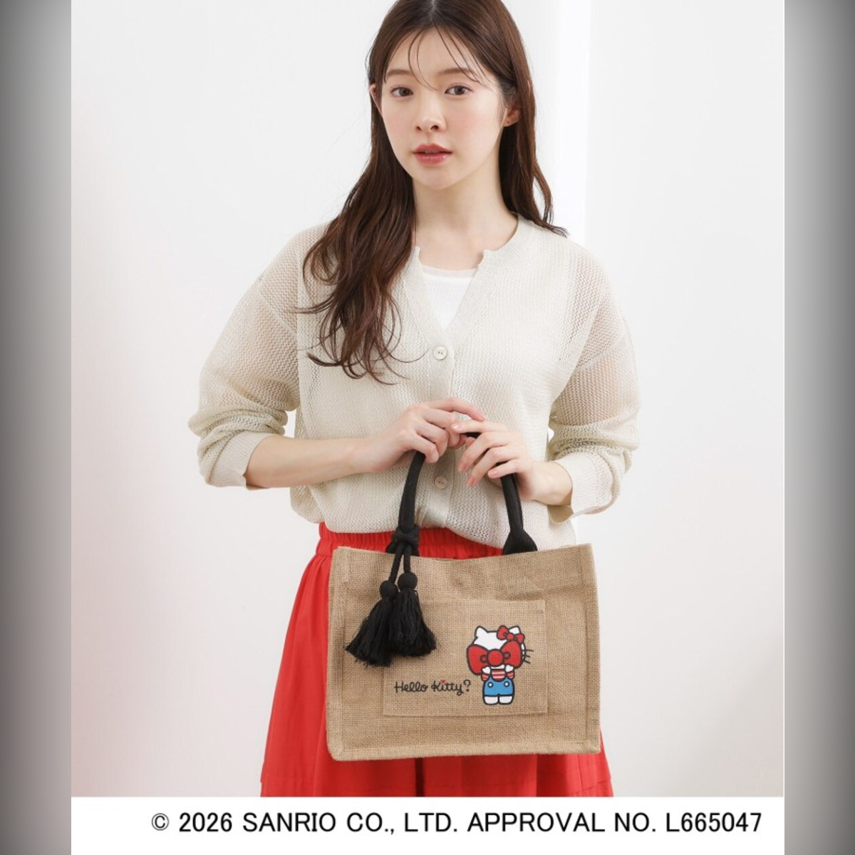 26083-KT Sanrio Hello Kitty x Grove 聯乘手提黃麻袋 遮臉款 #JP-GV26