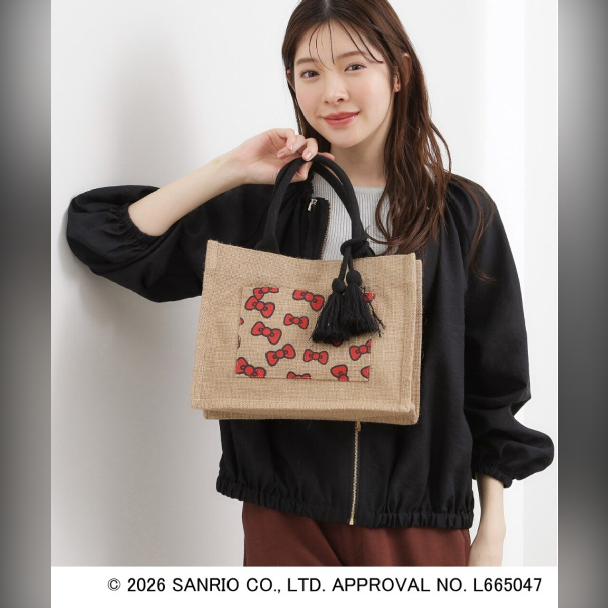 26083-KT Sanrio Hello Kitty x Grove 聯乘手提黃麻袋 蝴蝶結款 #JP-GV26