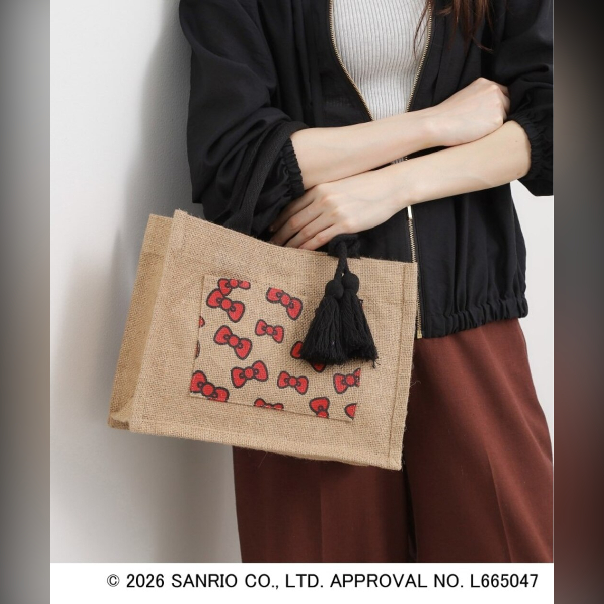 26083-KT Sanrio Hello Kitty x Grove 聯乘手提黃麻袋 蝴蝶結款 #JP-GV26