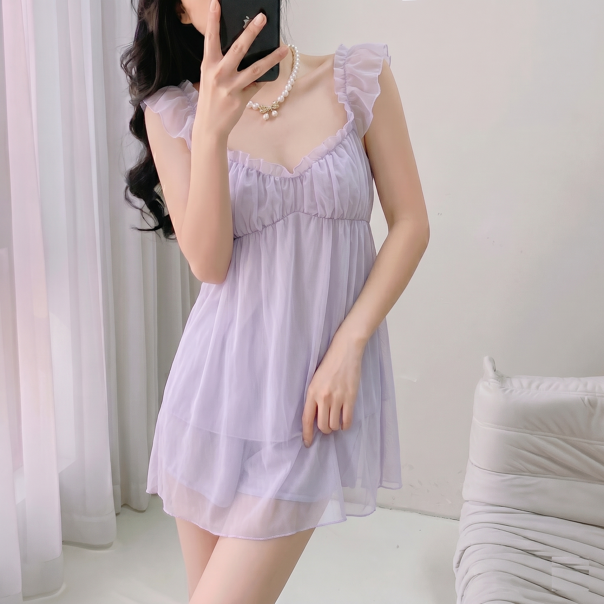 【仙氣飄飄】法式木耳邊抓皺透膚網紗連身睡裙(自帶胸墊)