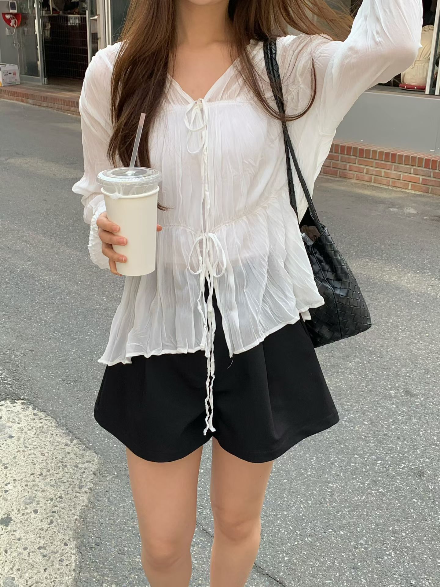 皺皺綁帶鬆弛感blouse