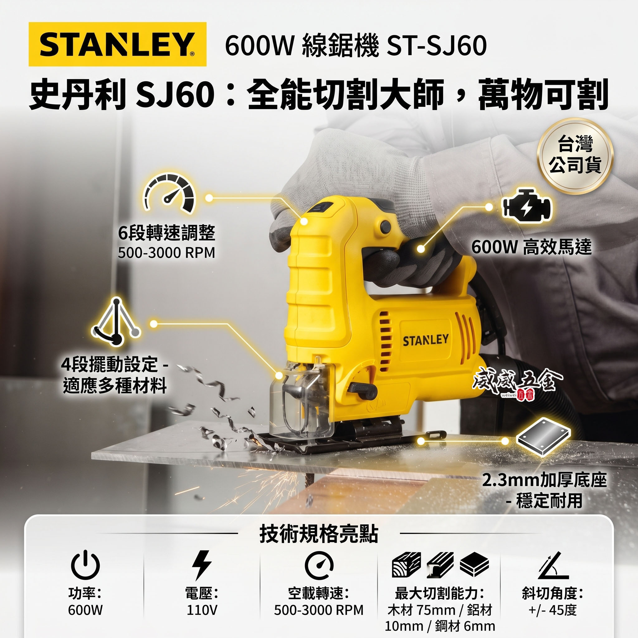 STANLEY 美國 史丹利｜600W 插電式線鋸機 插電手提式擺動切割機 轉速調整線鋸台｜SJ60｜公司貨 ST-SJ60