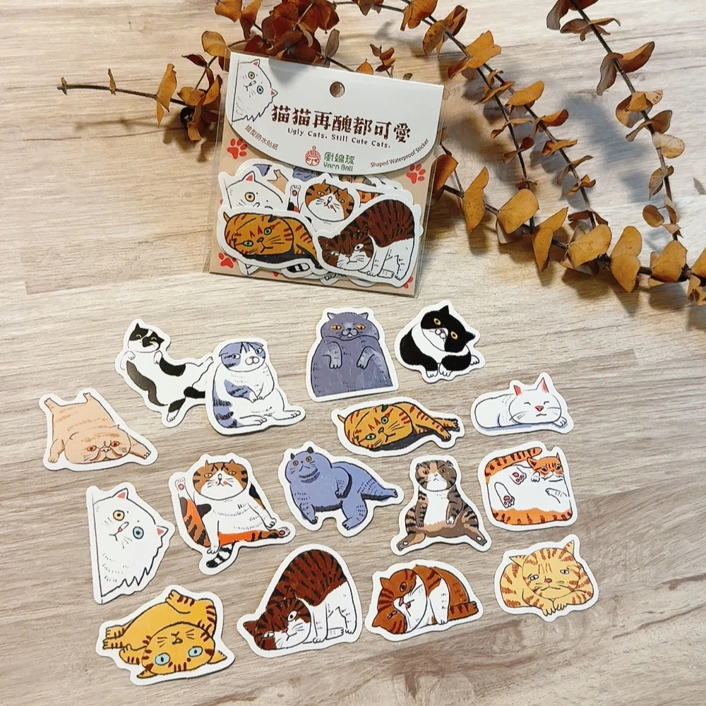 貓貓再醜都可愛 16入 防水貼紙包｜針線球