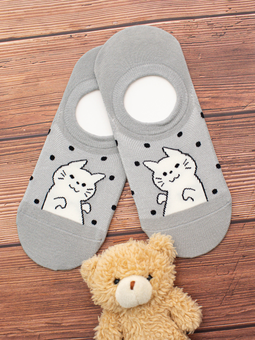 雪白小貓點點船型棉襪