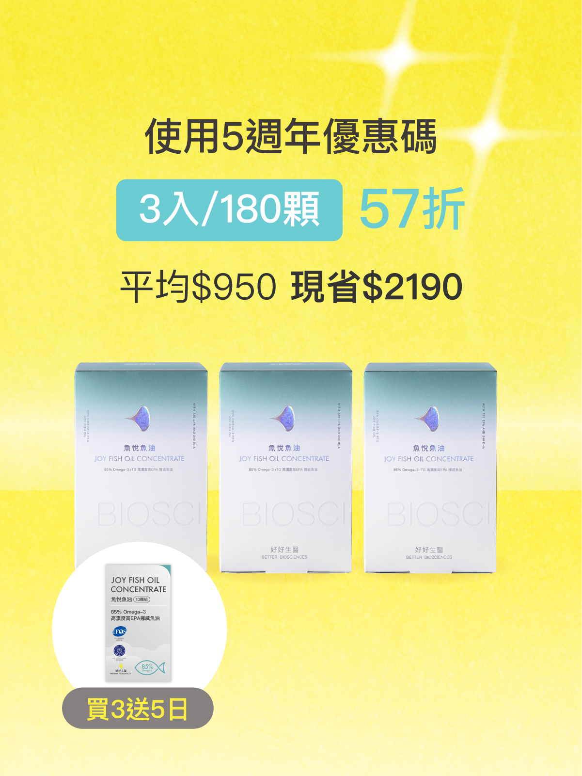 【新品58折】魚悅魚油－85% Omega-3 高濃度高EPA挪威魚油＿3入組 (180顆)