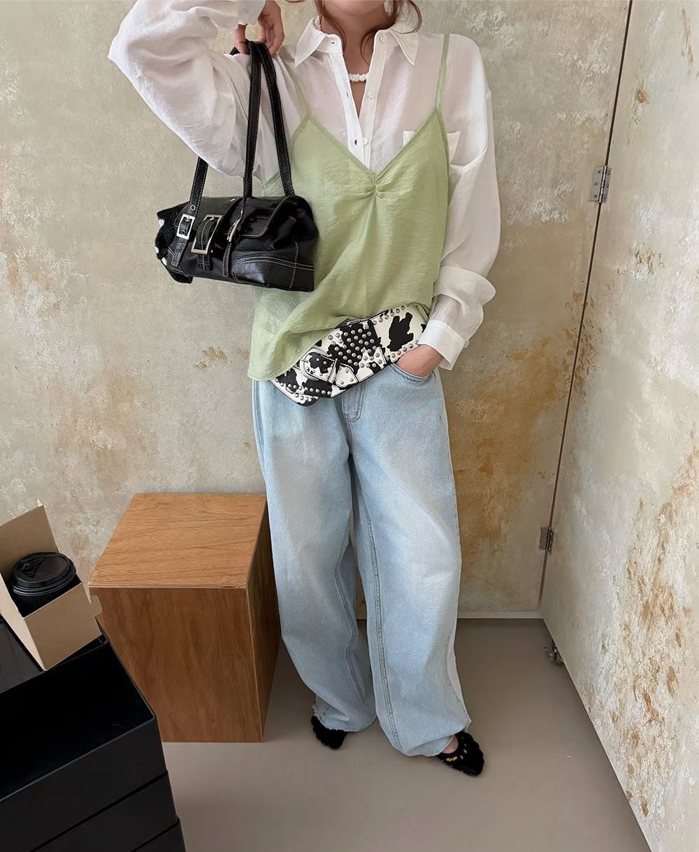 吊帶V抓褶背心