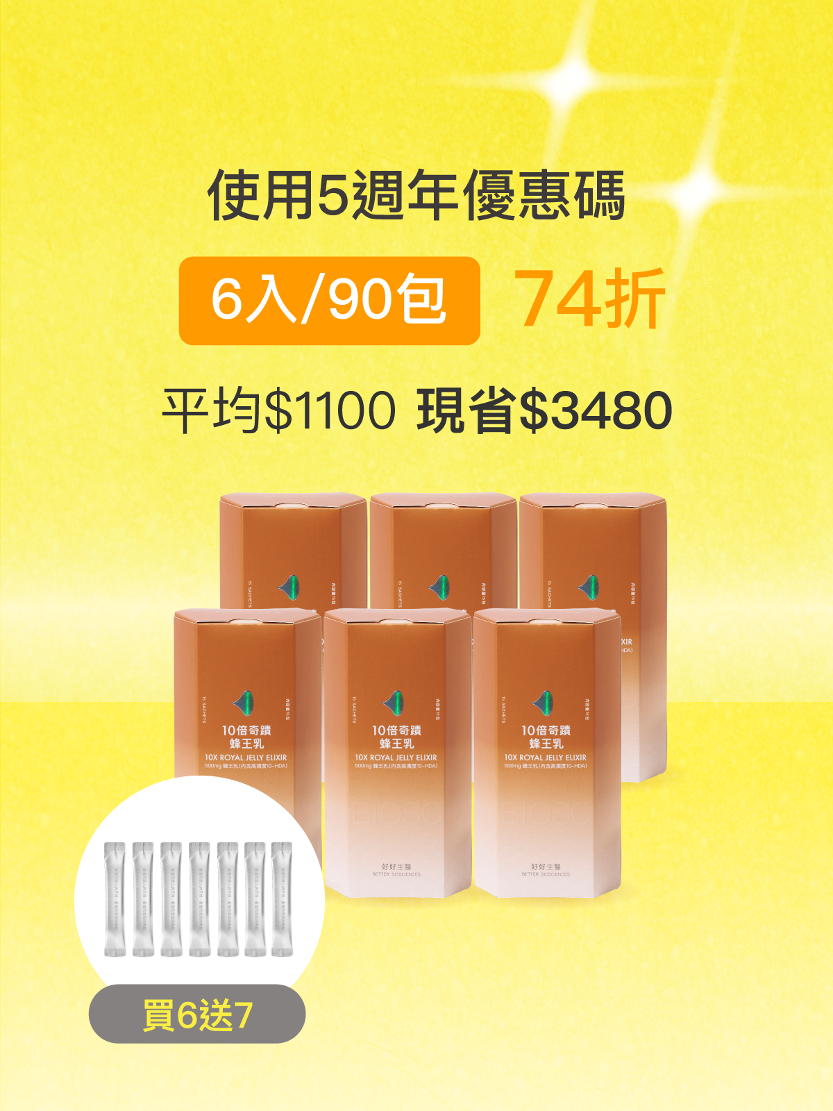 【預購｜5月上旬出貨】10倍奇蹟蜂王乳＿6入組 (90包)-500毫克美國蜂王乳 含500Da超小分子膠原蛋白三胜肽