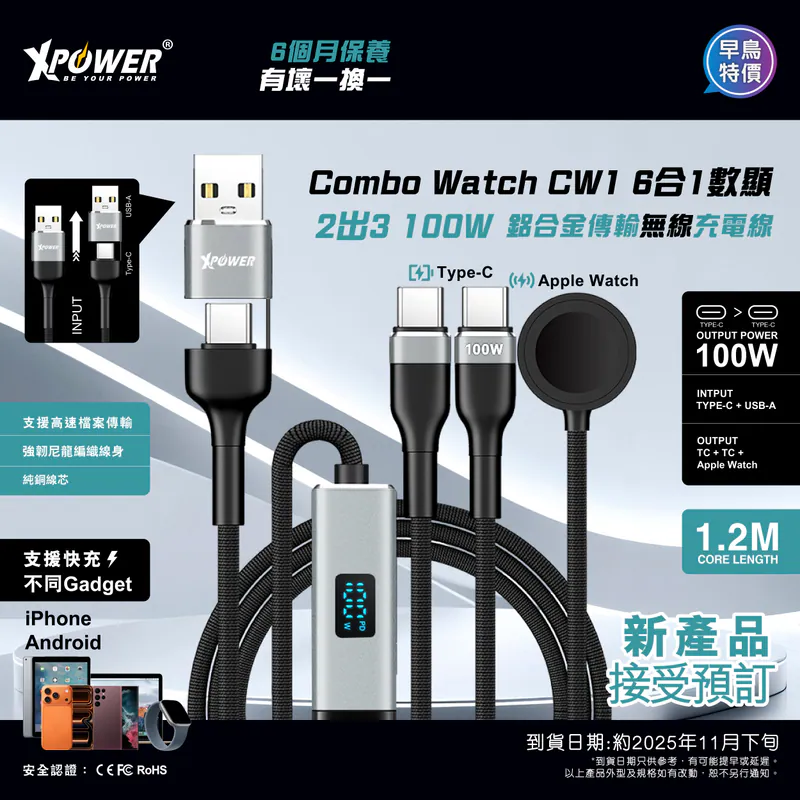 XPower Combo Watch CW1 6合1數顯 2出3 100W 鋁合金傳輸無線充電線 (1.2M)