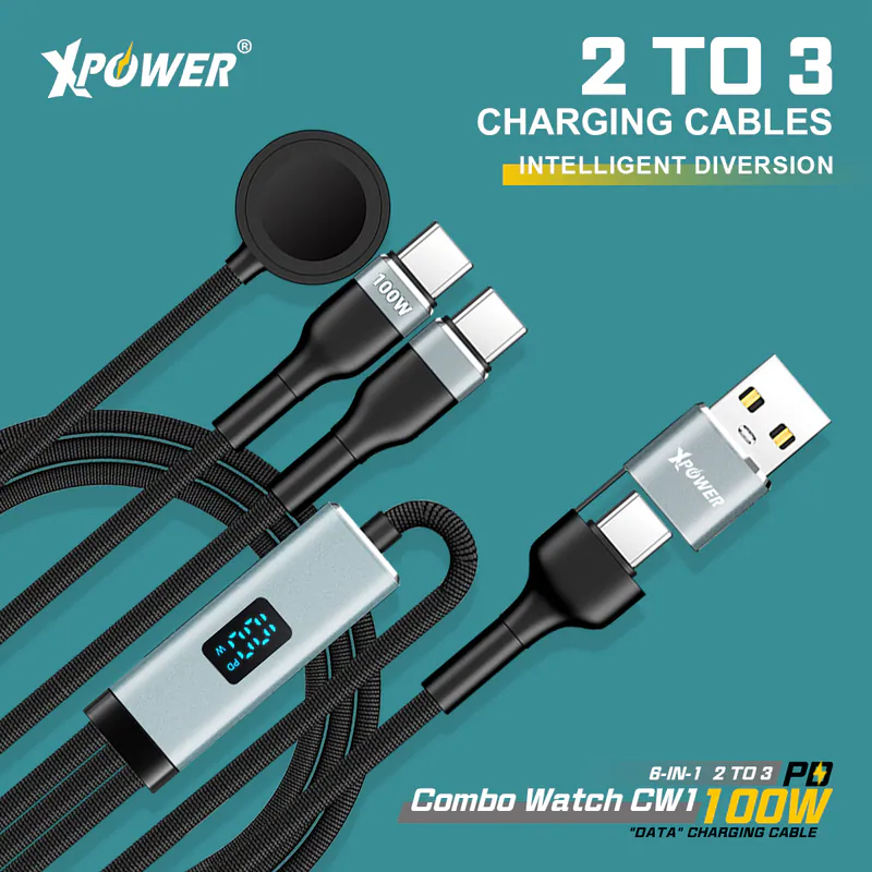 XPower Combo Watch CW1 6合1數顯 2出3 100W 鋁合金傳輸無線充電線 (1.2M)