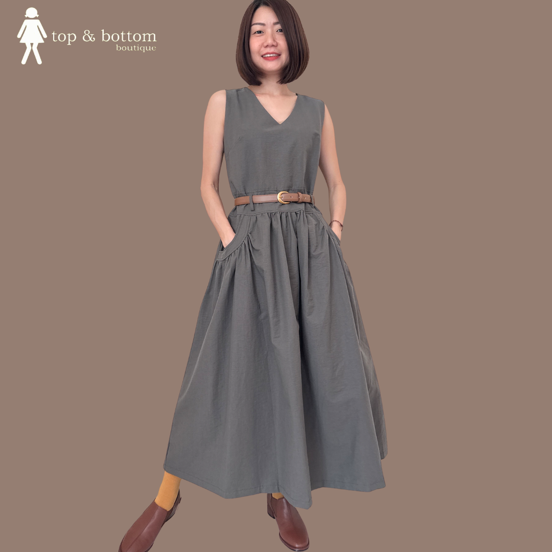 SLEEVELESS BELTED LONG DRESS