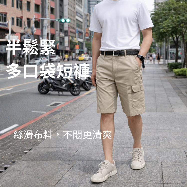 甄褲｜半鬆緊_多口袋短褲｜中高腰直筒・彈性布料・五分褲（30~44 吋）